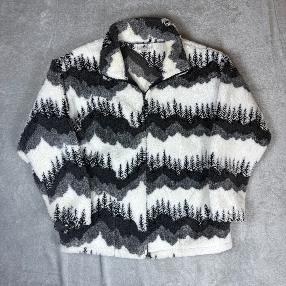 Black Mountain Fleece Jacket Mens M Outdoor Landscape Pine Tree Print Gray White